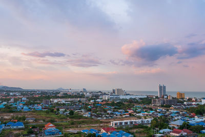 High angle view of townscape against sky at sunset