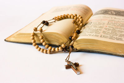 High angle view of book on table