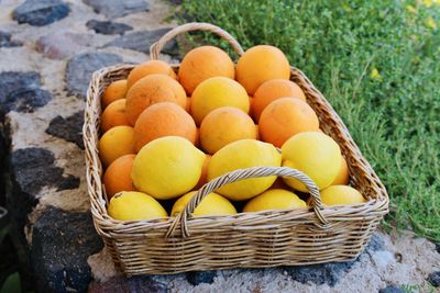 High angle view of fruits in basket