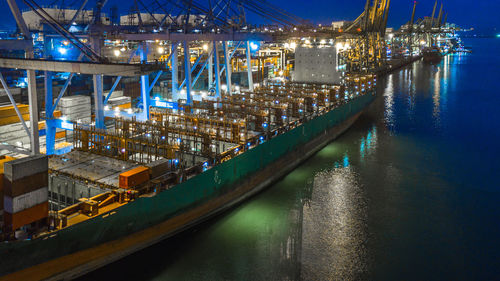 High angle view of container ship at commercial dock