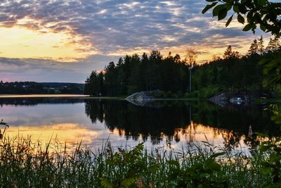 Scenic view of lake against sky at sunset