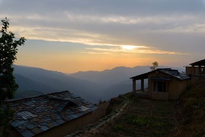 High angle view of townscape against sky during sunset