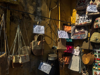 Bags for sale at market stall