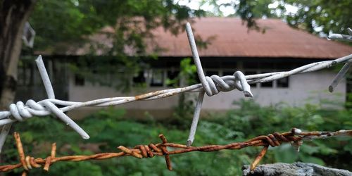 Close-up of barbed wire fence against trees and building