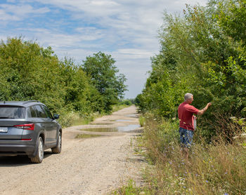 A man picks a yellow plum on a green tree. 