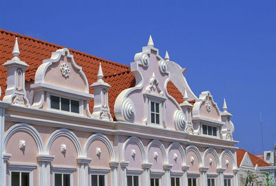 Low angle view of historic building against clear blue sky