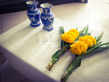 High angle view of flower vase on table