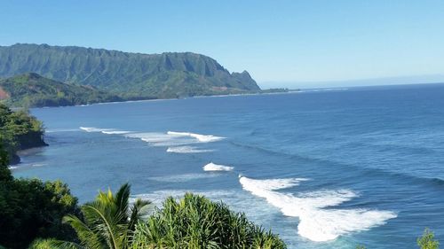 Scenic view of sea against blue sky