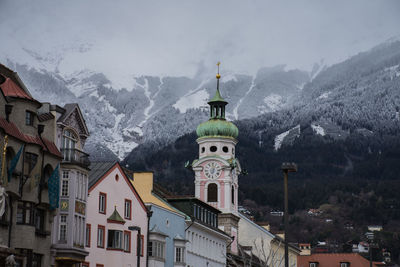 High angle view of buildings against sky during winter