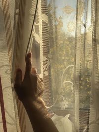 Close-up of hands against window