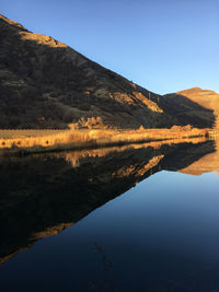 Scenic view of lake and mountains against clear sky