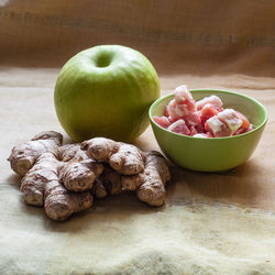 Close-up of apples in bowl on table