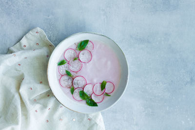 High angle view of ice cream in bowl on table