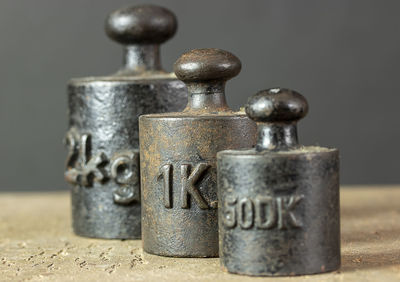 Close-up of old objects on table