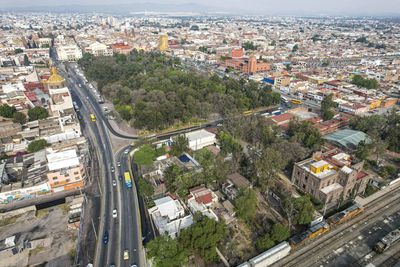 High angle view of buildings in city