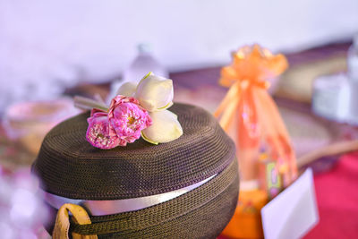 Close-up of purple flowers on table