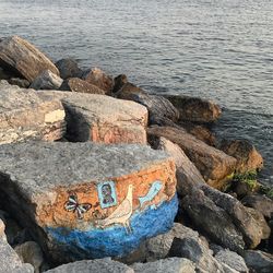 High angle view of rocks on sea shore