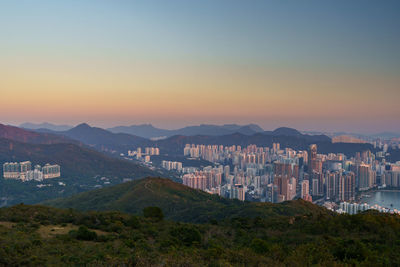High angle view of townscape against sky during sunset
