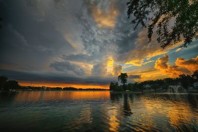 Scenic view of lake against sky at sunset