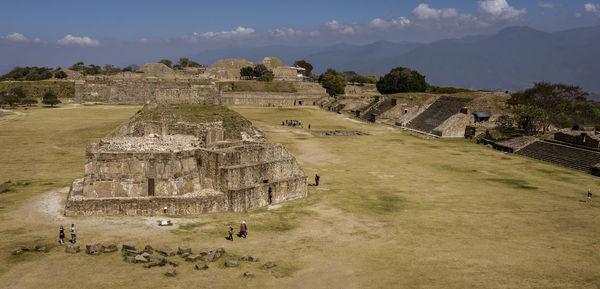 High angle view of old ruins against sky