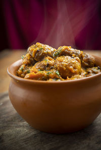 Close-up of noodles in bowl on table