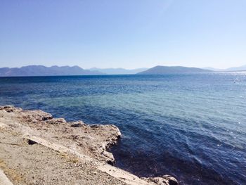 Scenic view of sea against clear blue sky