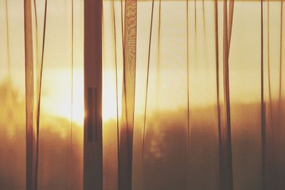 Close-up of curtained window against sunset