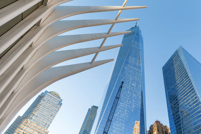 Low angle view of modern buildings against clear sky