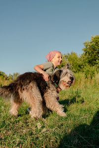 Little girl hugging playing with dog walking spending time together. child with pet in summer meadow