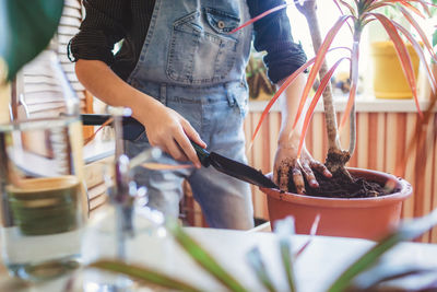 Happy young girl repotting home plants on the balcony, green environment in room, home gardening