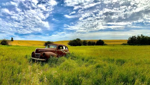 Car parked on field against sky