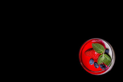 High angle view of red berries over black background