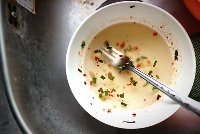 High angle view of food in bowl on table