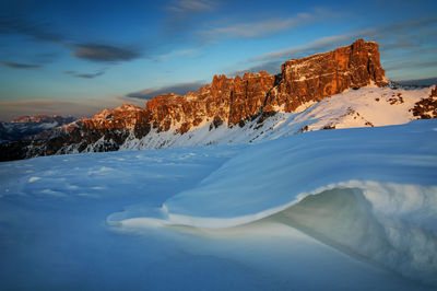 Scenic view of snowcapped mountains against sky during winter