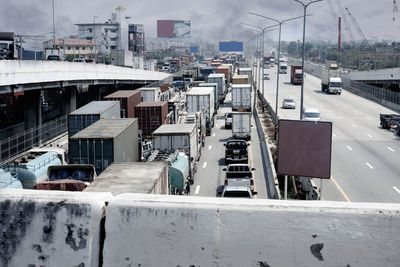 High angle view of vehicles on road in winter