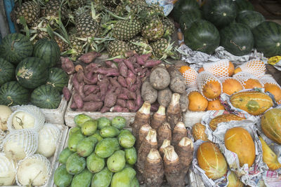 High angle view of fruits for sale at market