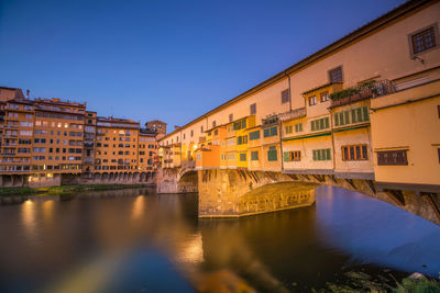 Bridge over river by buildings against sky in city