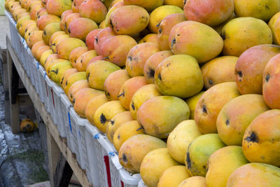 High angle view of mangos on market stall 