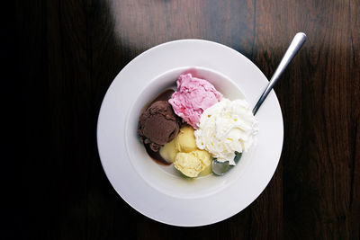 Directly above shot of various ice creams served in plate