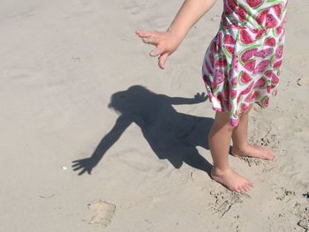 Midsection of person with horse on sand at beach