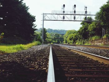 Surface level of railroad track against sky