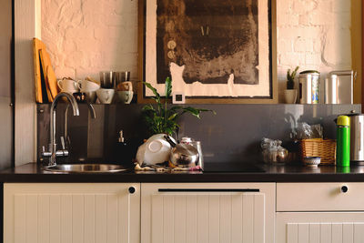 Kitchen interior with clean dishes on the table