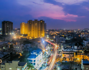 High angle view of city street at night