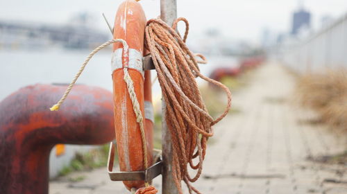 Close-up of rope and life belt on promenade