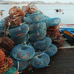 High angle view of fishing boats moored at harbor