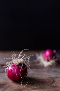 Close-up of tropea onions on table