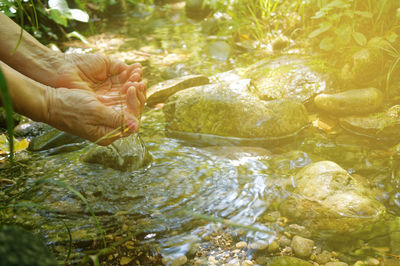 Close-up of person hand on rock in river