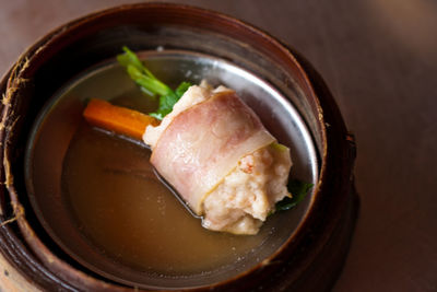 High angle view of food in bowl on table