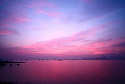 View of bridge over calm sea at sunset