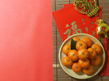 High angle view of fruits in bowl on table